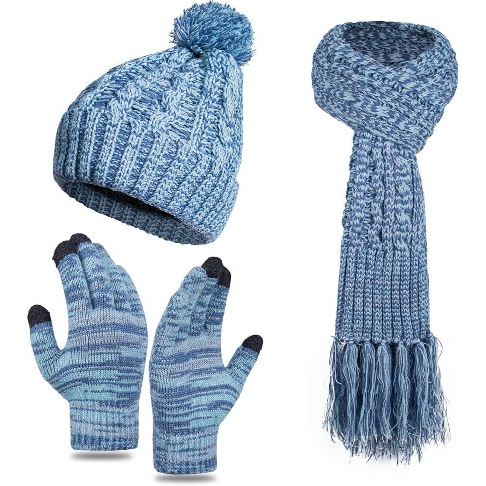 Women Winter Beanie Hat Scarf and Gloves Set Warm Knitted Pom Cap Cold Weather